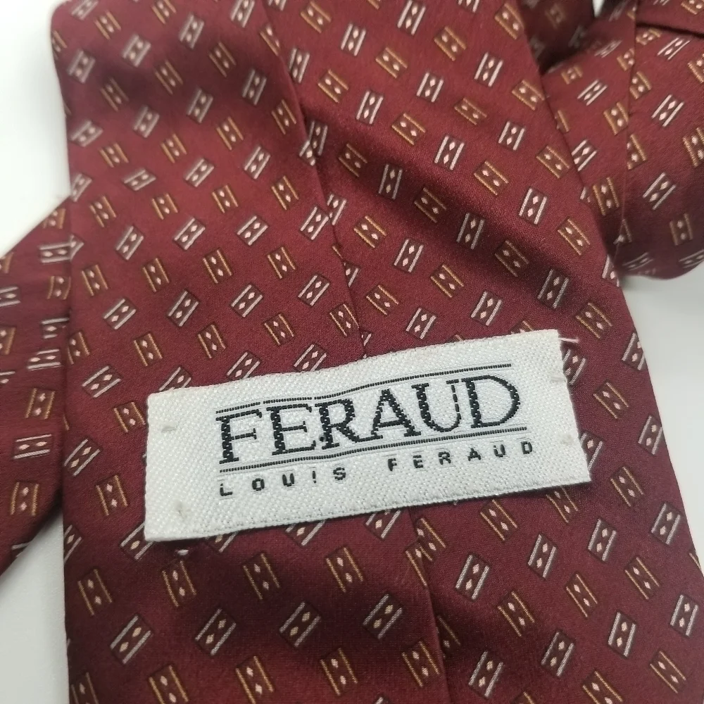 Louis Feraud dark red silk tie with silver and gold pattern